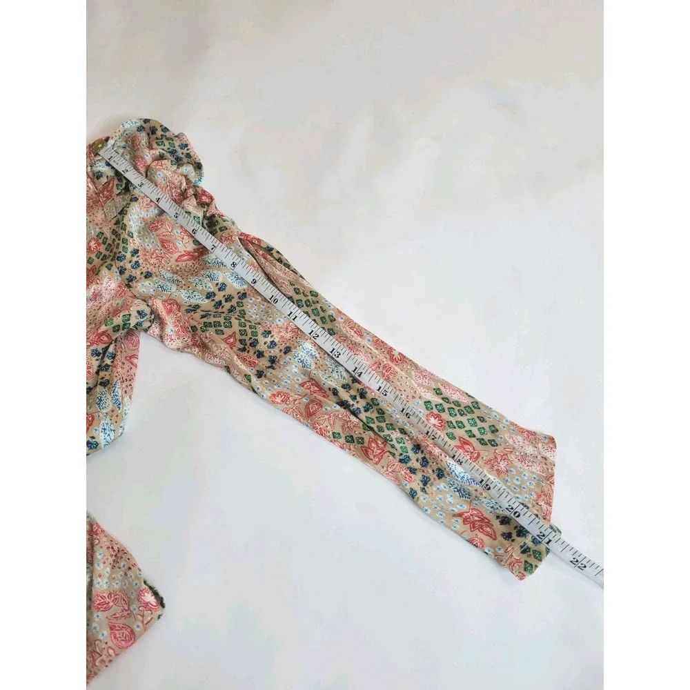 Loft Pink Floral Blouse With‎ Long Puffed Ruched Sleeves Blouse Sz M